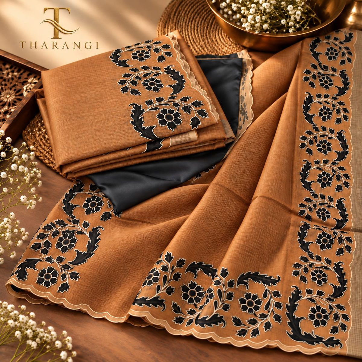 Caramel Saree with Black Floral Cutwork