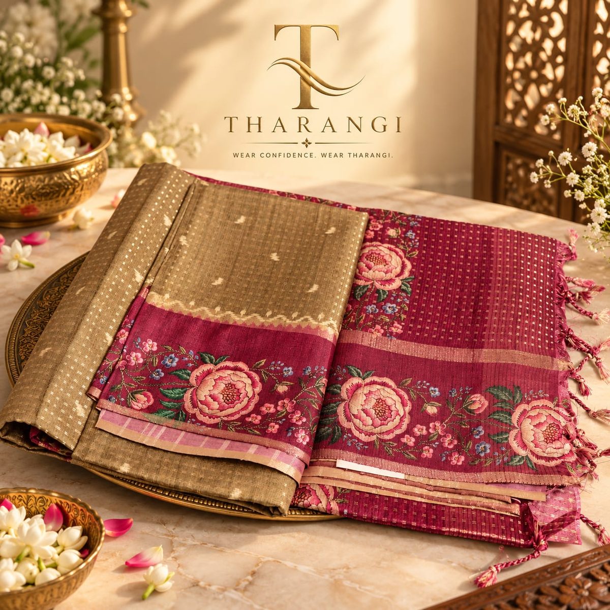 Gold Saree with Magenta Floral Border