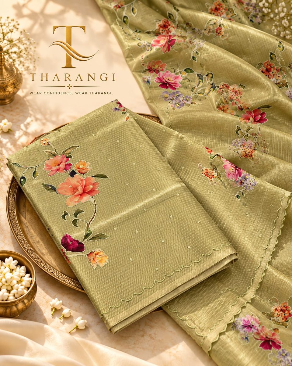 Pista Green Floral Embroidered Saree