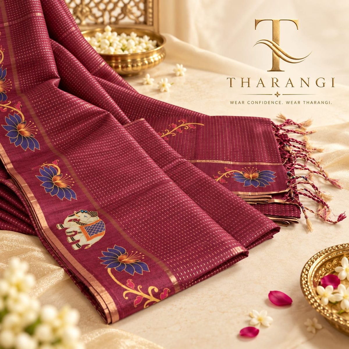 Wine Saree with Embroidered Motif Border