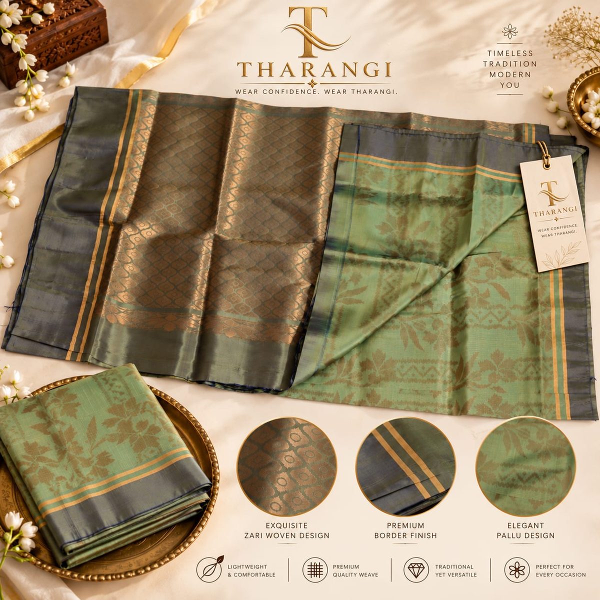 Grey-Green Zari Border Saree