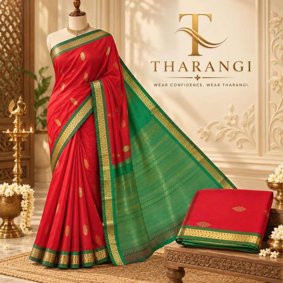 Red Saree with Green Zari Pallu