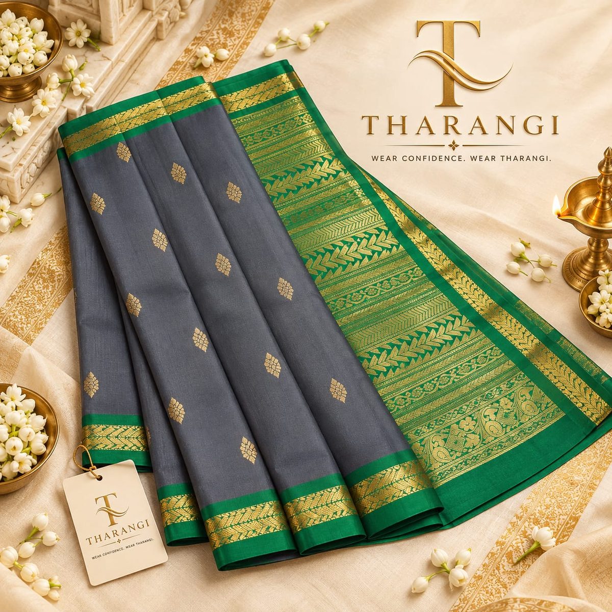 Grey Butta Saree with Green Border