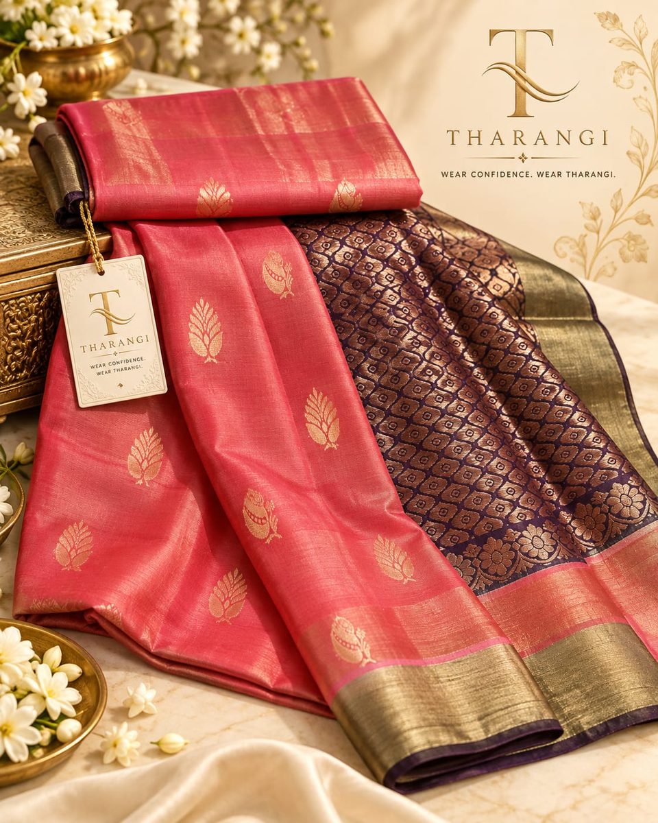 Coral Pink Saree with Purple Pallu
