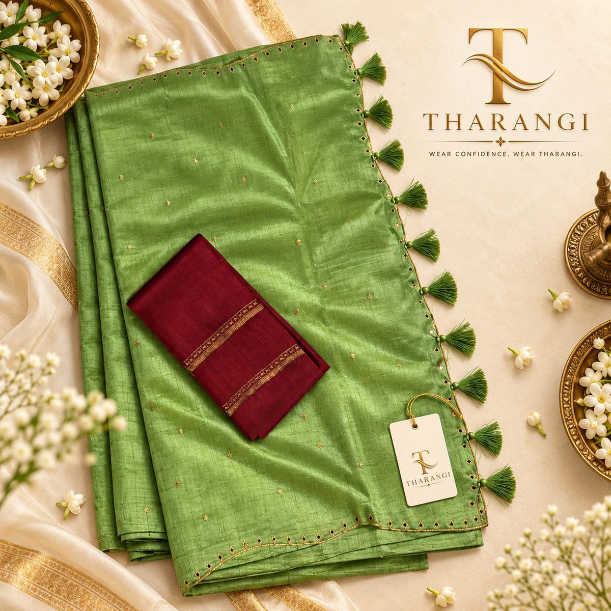 Parrot Green Saree with Maroon Blouse