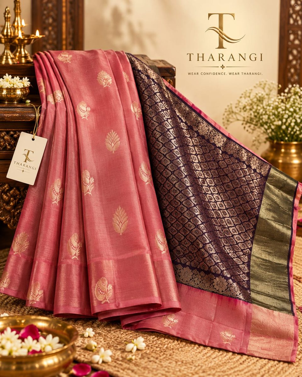 Rose Pink Saree with Purple Pallu
