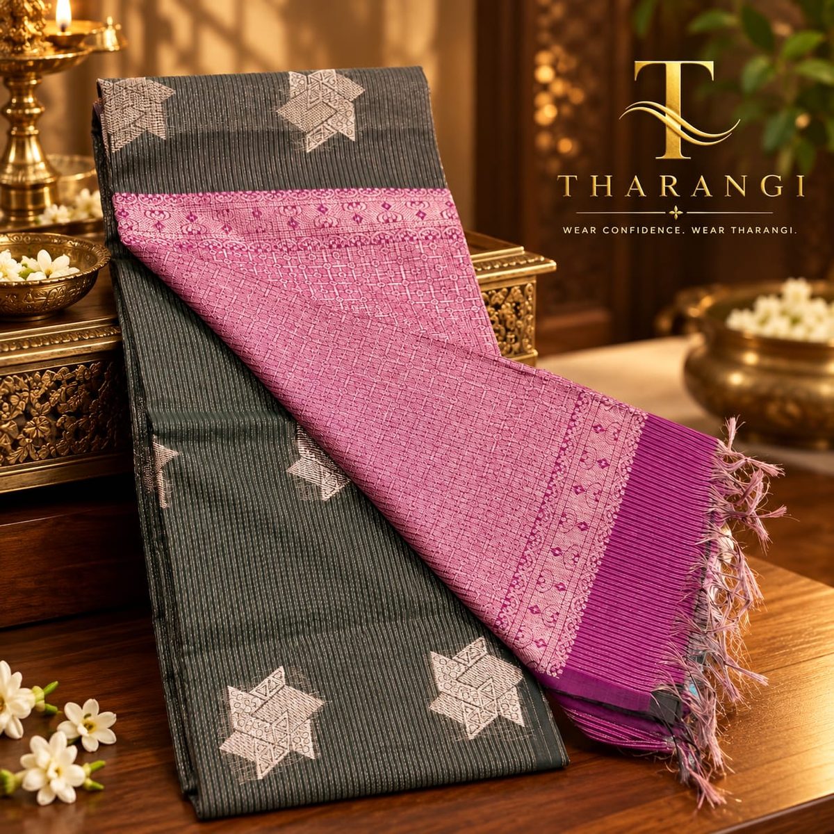 Charcoal & Pink Butta Saree