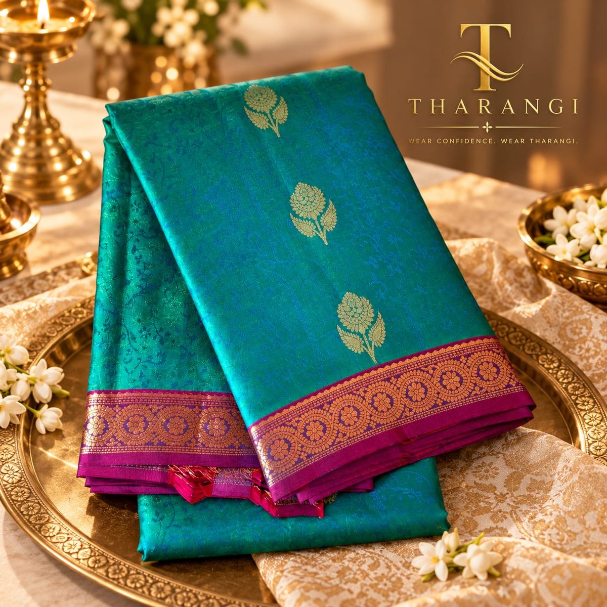 Teal Butta Saree with Magenta Border