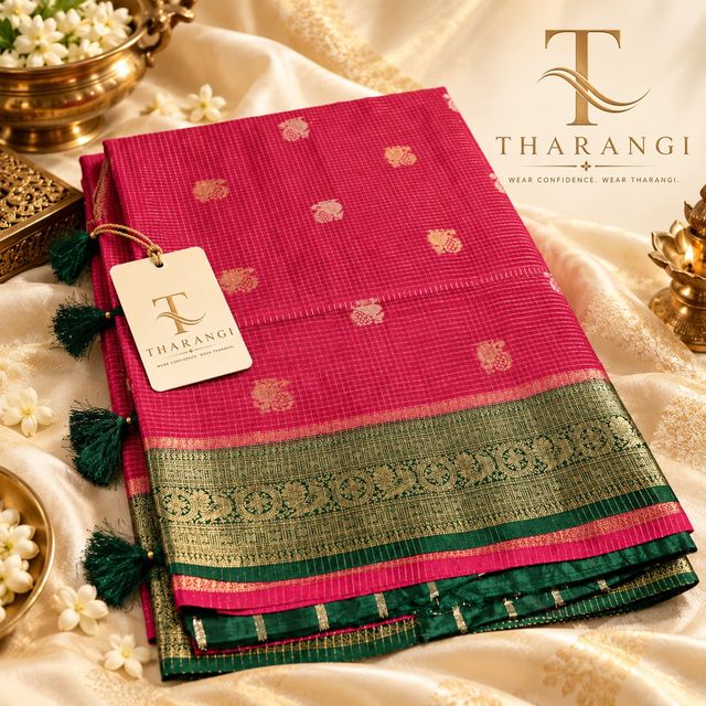 Rani Pink Butta Saree with Green Zari Border