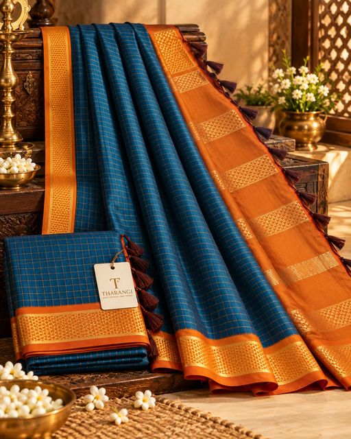 Peacock Blue Checked Saree with Orange Border