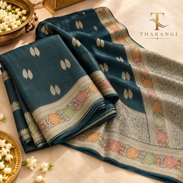 Teal Butta Saree with Floral Pallu
