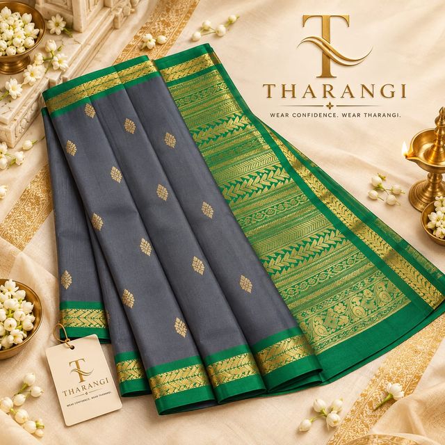 Grey Butta Saree with Green Border