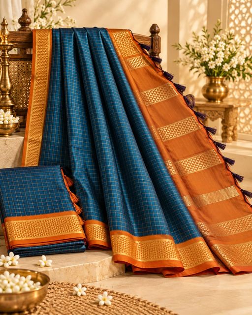 Peacock Blue Checked Saree