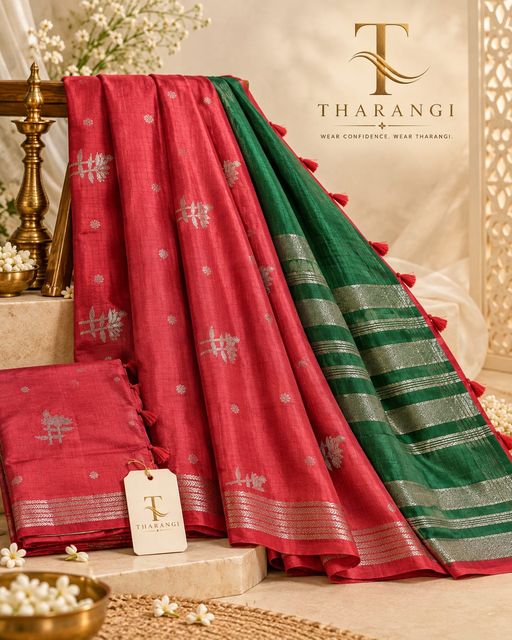 Red Saree with Green Striped Pallu