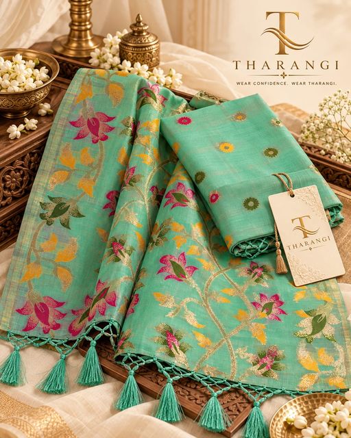 Aqua Floral Saree with Tassels