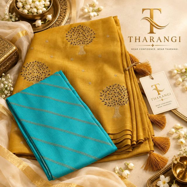 Mustard Saree with Turquoise Blouse