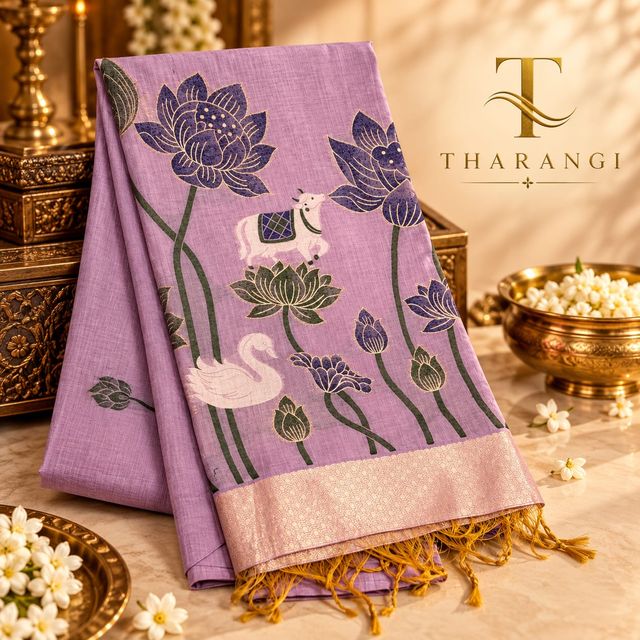Lavender Lotus & Swan Motif Saree