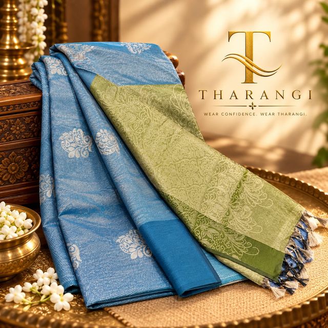 Sky Blue Saree with Olive Pallu